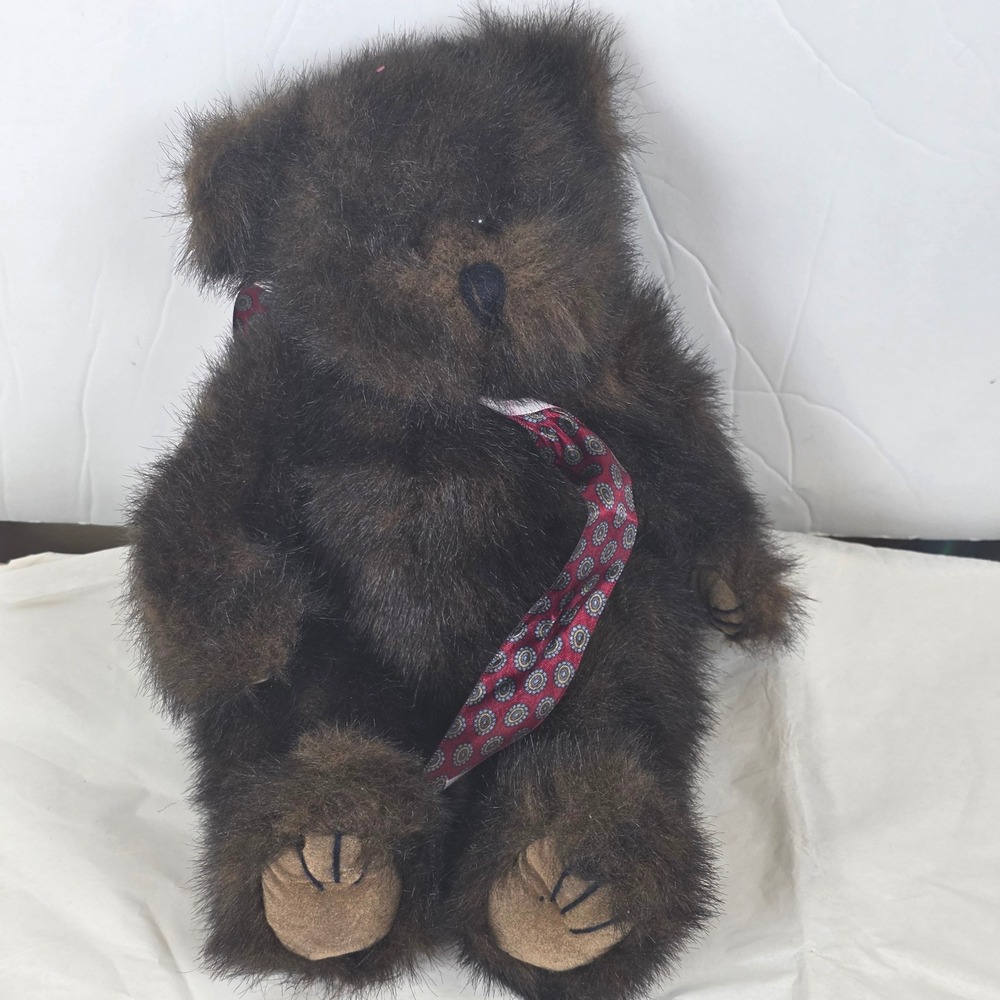 Vintage PBC International Dark Brown Shaggy Teddy Bear with Red Patterned Tie